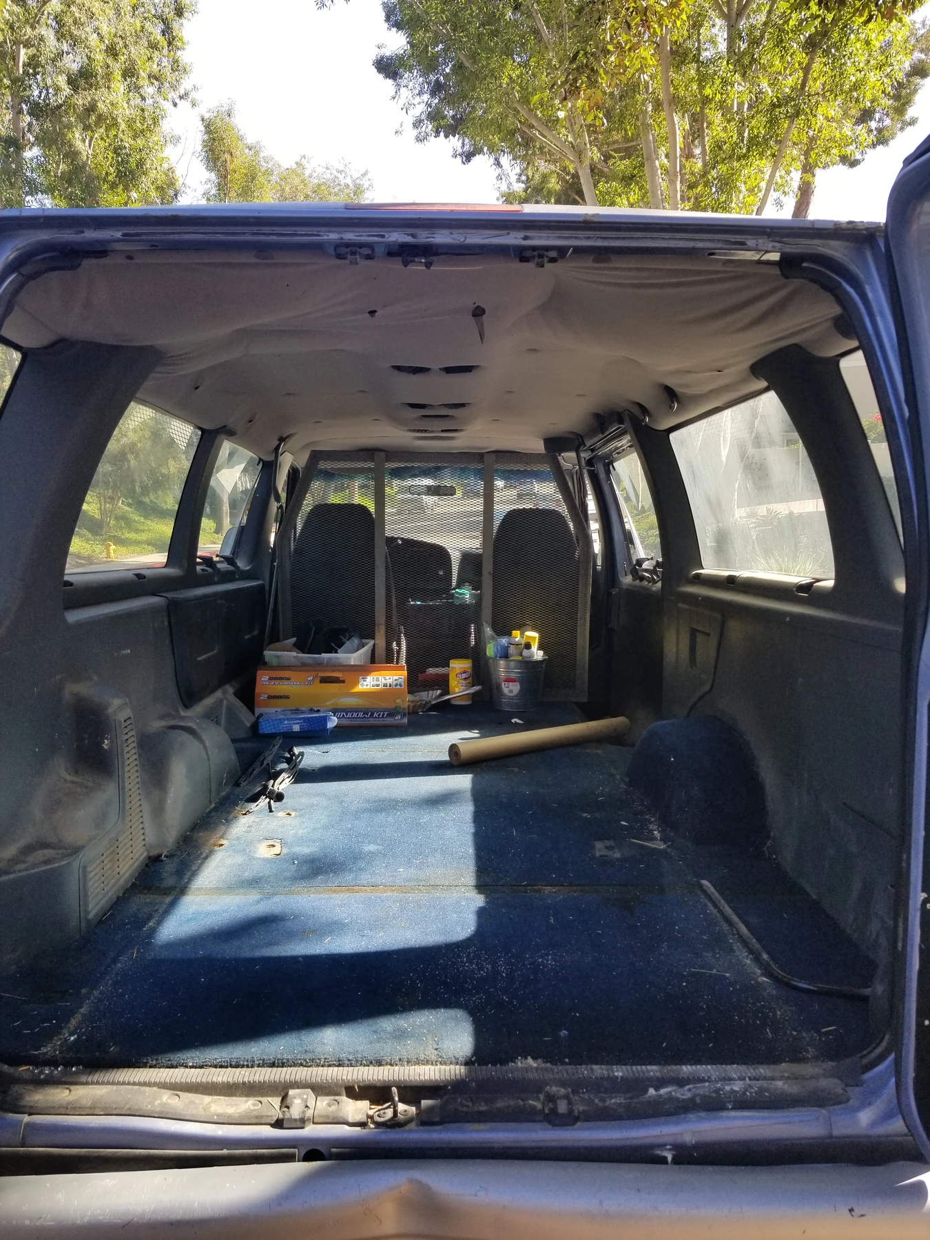 Carpeted blue van interior with molded side trim and a mesh partition toward the front.